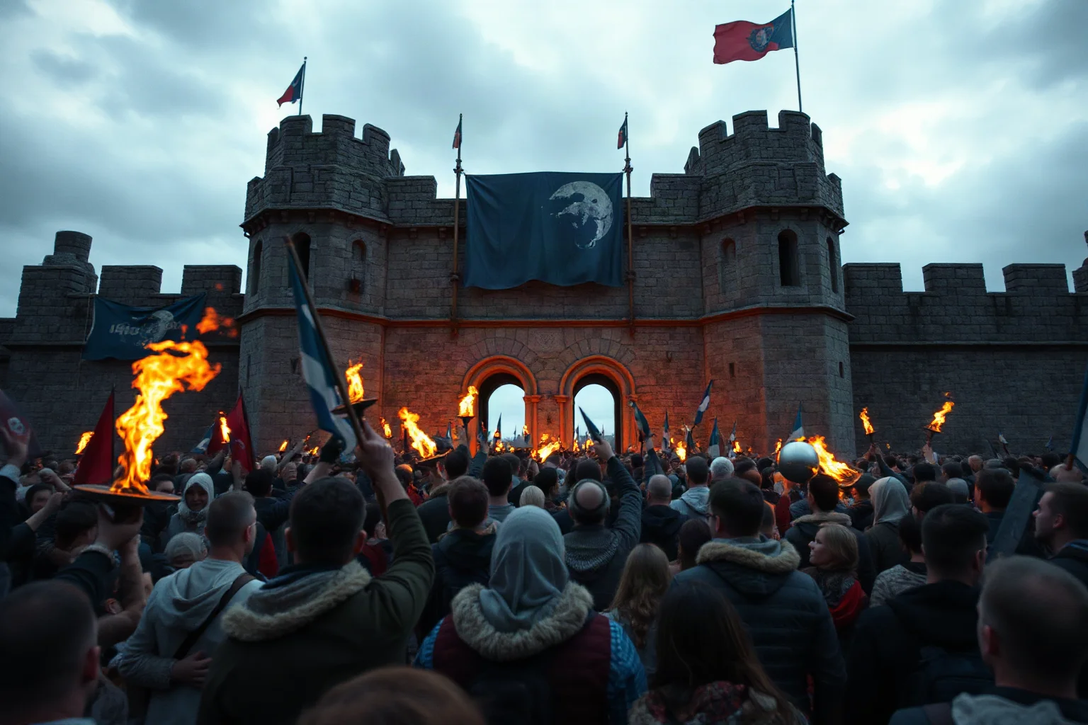 A crowd storming a grand stone fortress gate, torches and banners visible