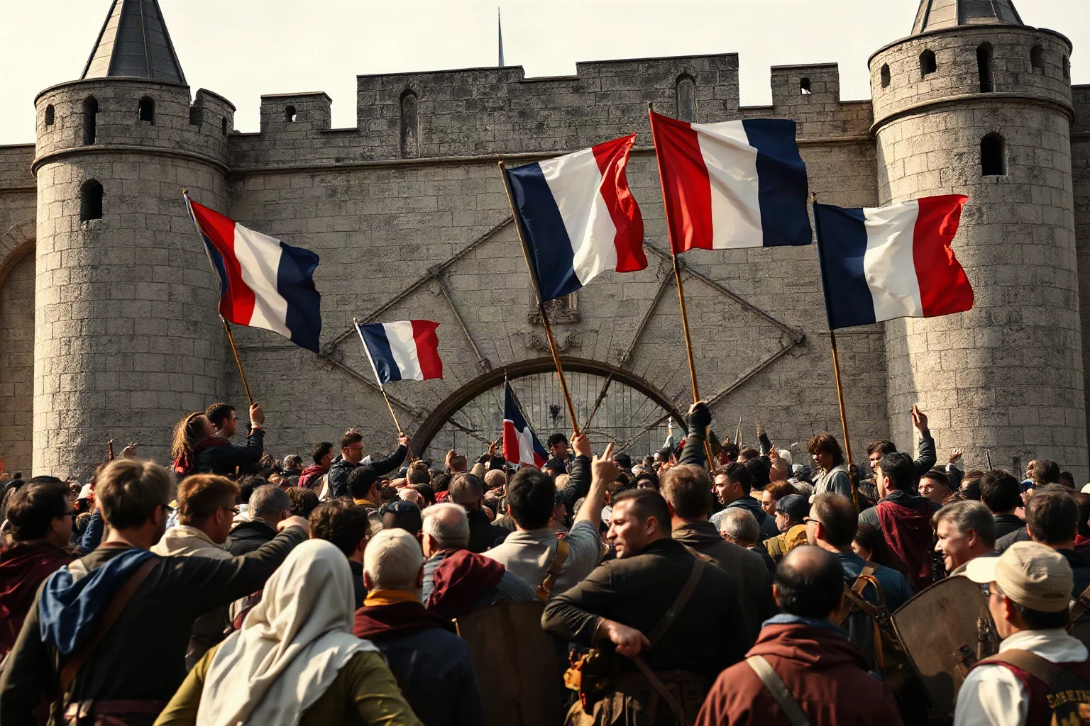 A crowd storming a stone fortress gate with tricolor flags, 18th-century France