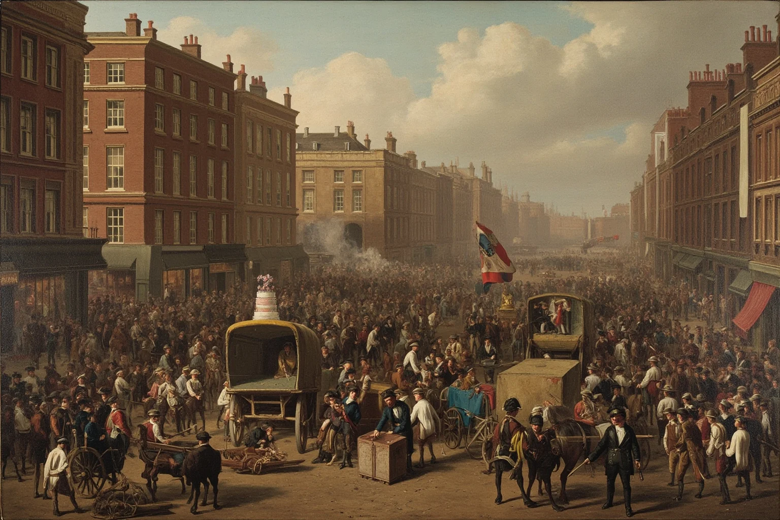 A crowded 1810 London street filled with confused delivery carts, coal wagons, and a wedding cake arriving at once