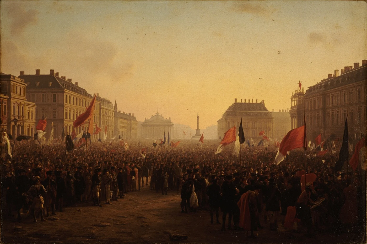 A crowded 18th-century French public square at dawn with revolutionary flags, symbolic and non-graphic
