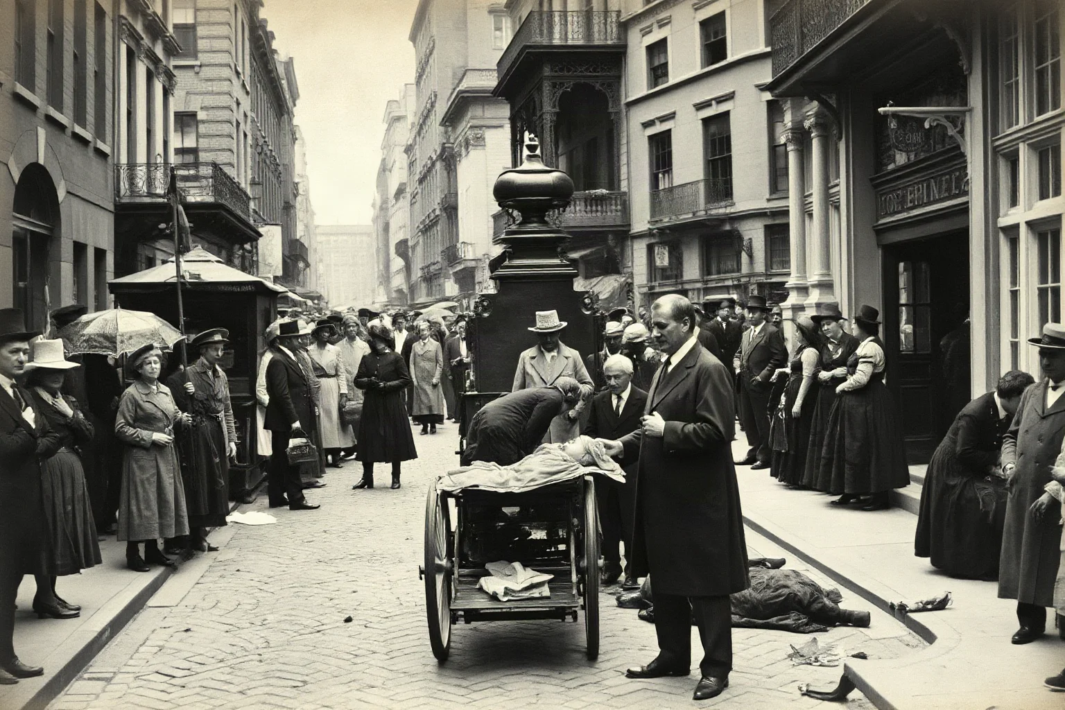 A crowded 19th-century city street during a cholera outbreak with a doctor tending to the sick
