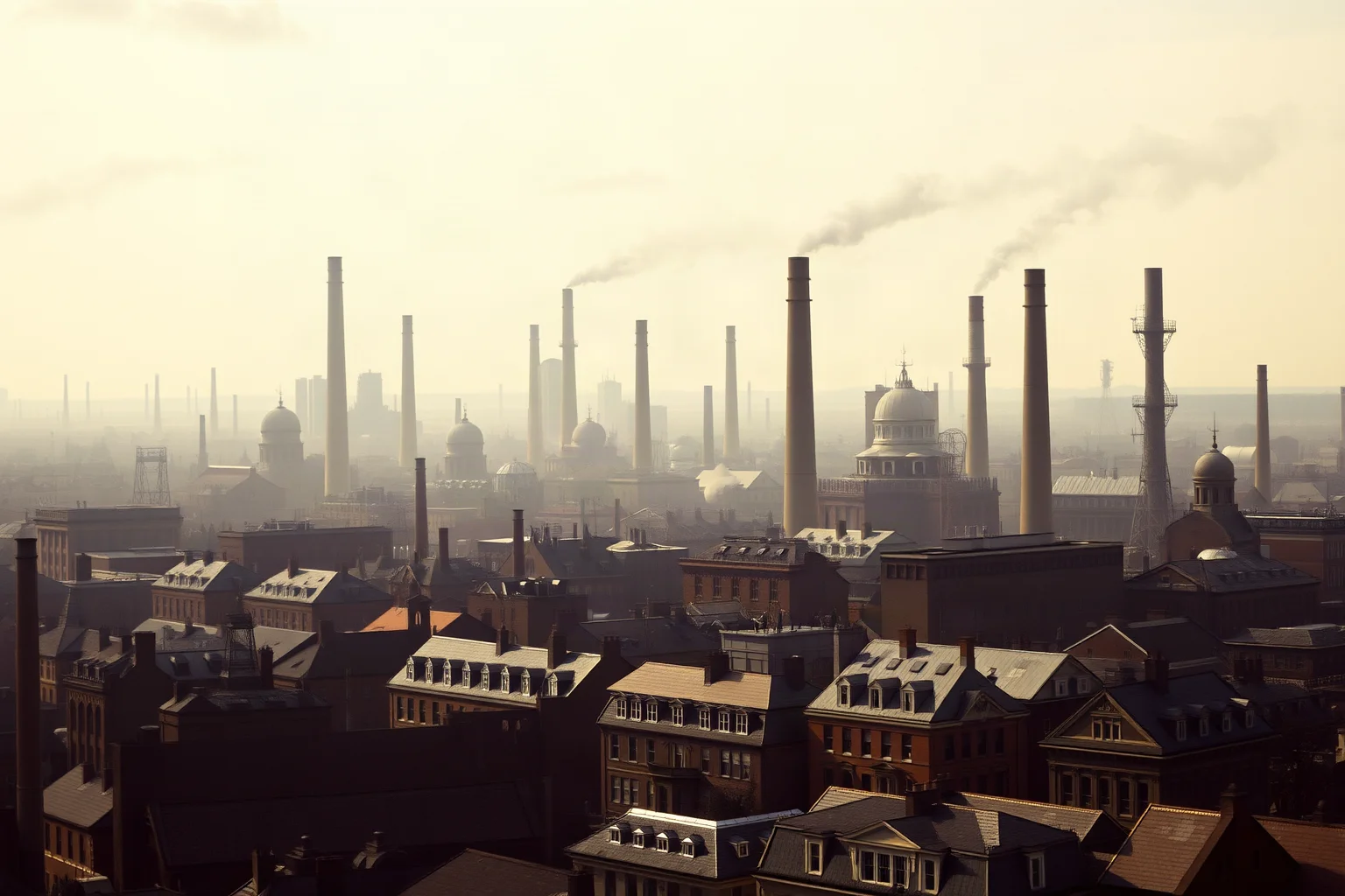 A crowded 19th-century industrial city skyline with smokestacks and row houses