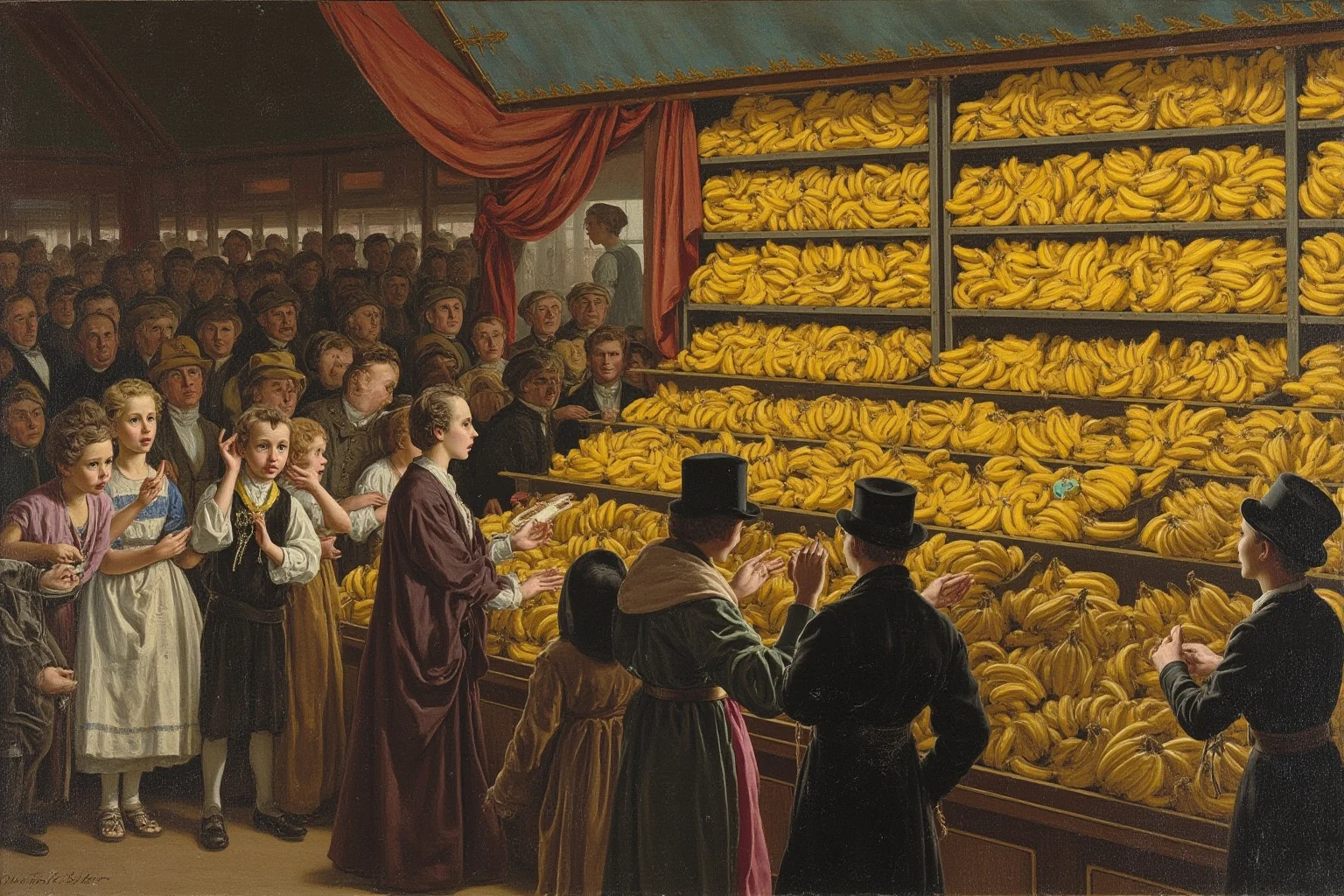 A crowded 19th century World's Fair exhibit stall where visitors marvel at a display of bananas