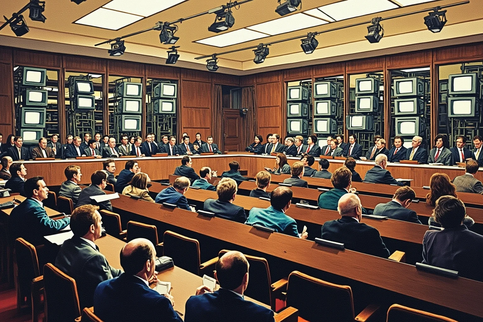 A crowded courtroom illustration with a wall of television cameras, symbolizing a 1990s televised trial