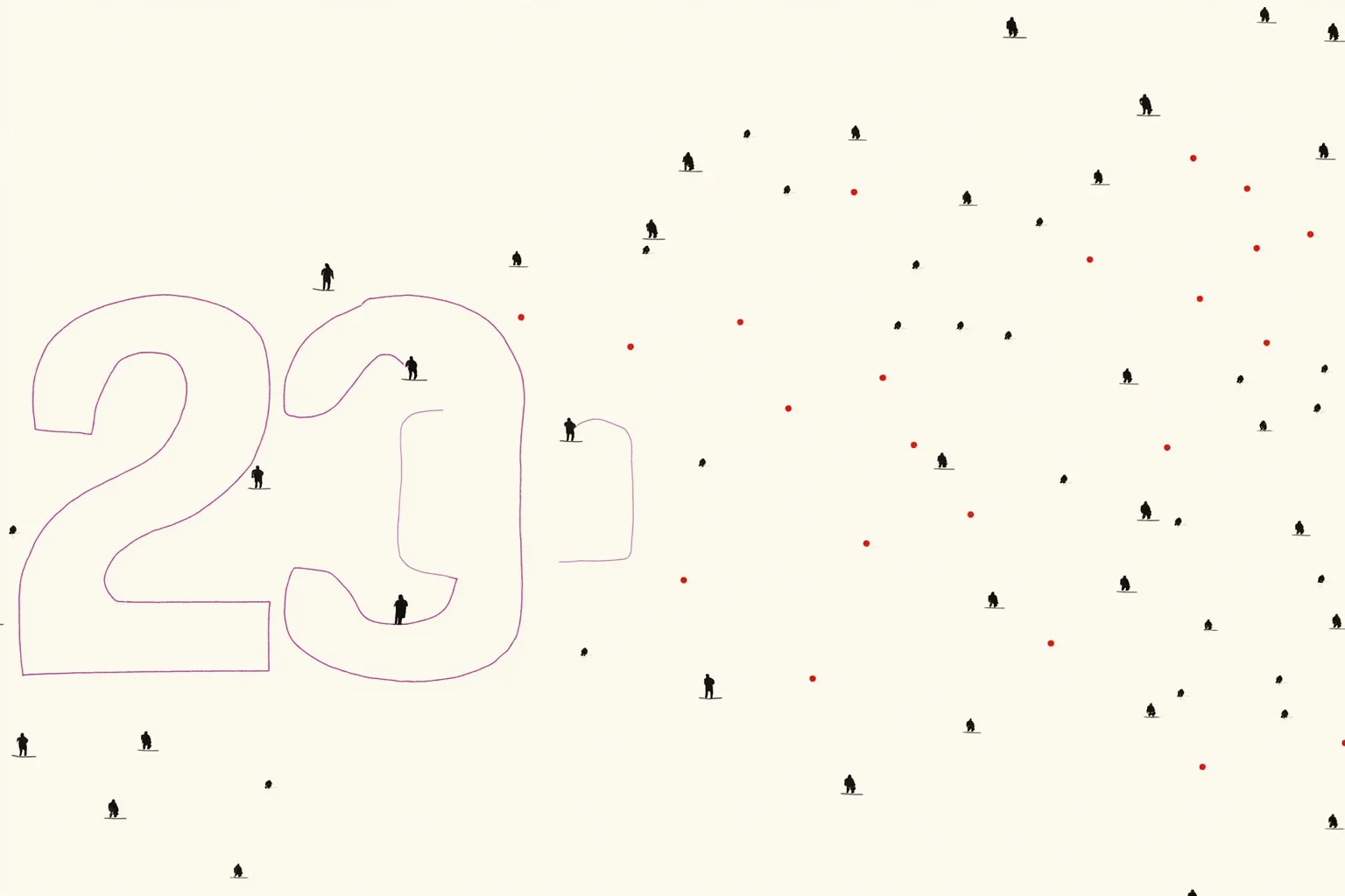 A crowded illustrated calendar page with the number 23 highlighted and small silhouetted figures scattered across it, clean minimalist infographic style
