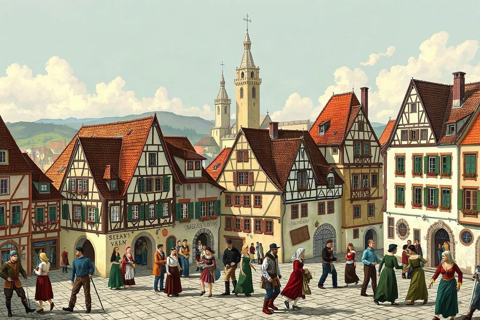 A crowded medieval German town square with dancing figures, distant church spires, historical illustration style