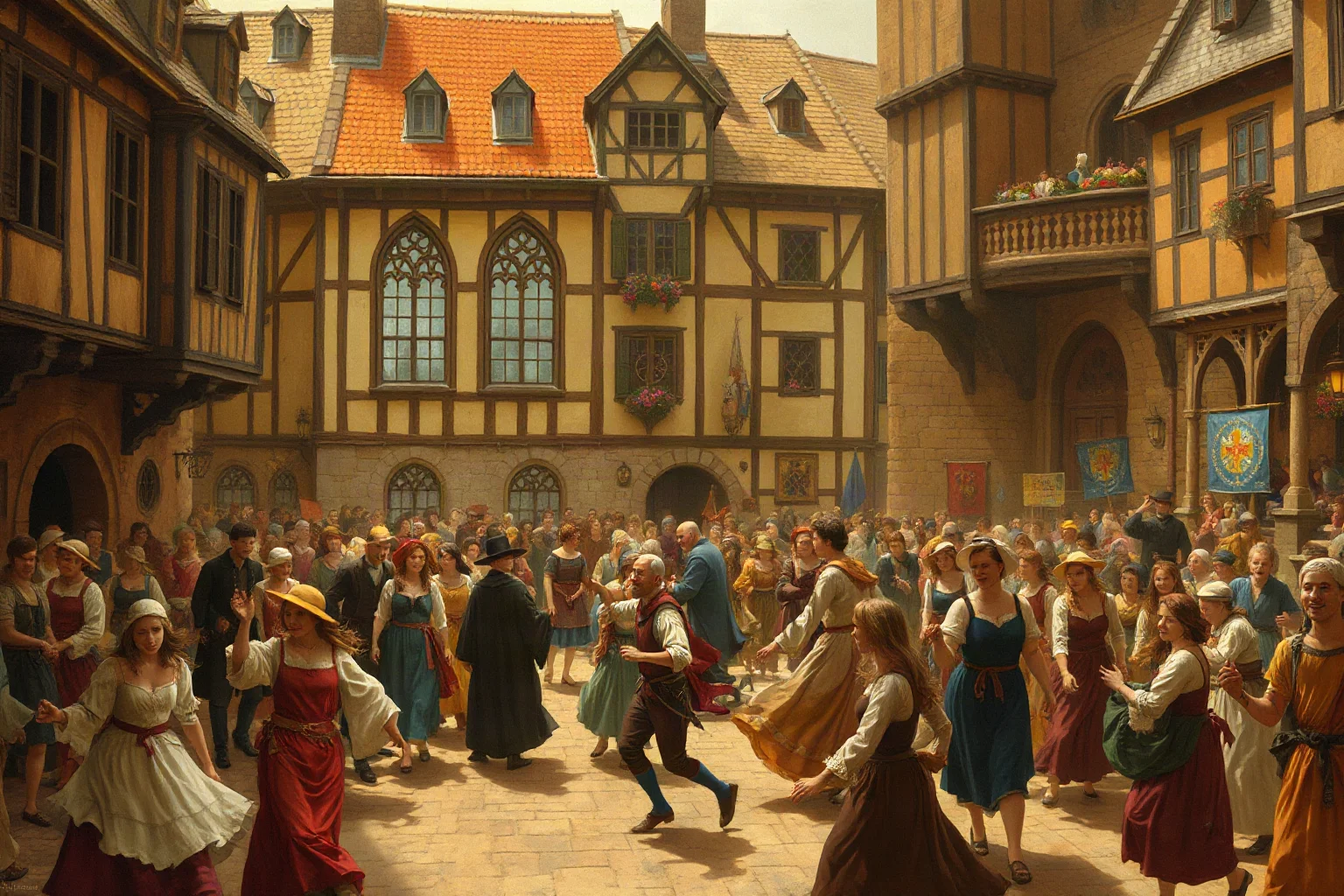 A crowded medieval town square filled with many illustrated figures dancing together, chaotic energy, historical painting style