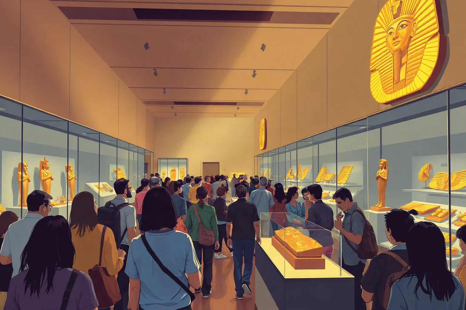 A crowded museum exhibit hall with visitors admiring golden Egyptian artifacts, illustrative style