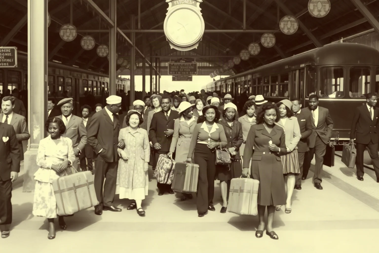 A crowded train station or bus depot in the 1940s-1950s with African American families with luggage, representing the Great Migration
