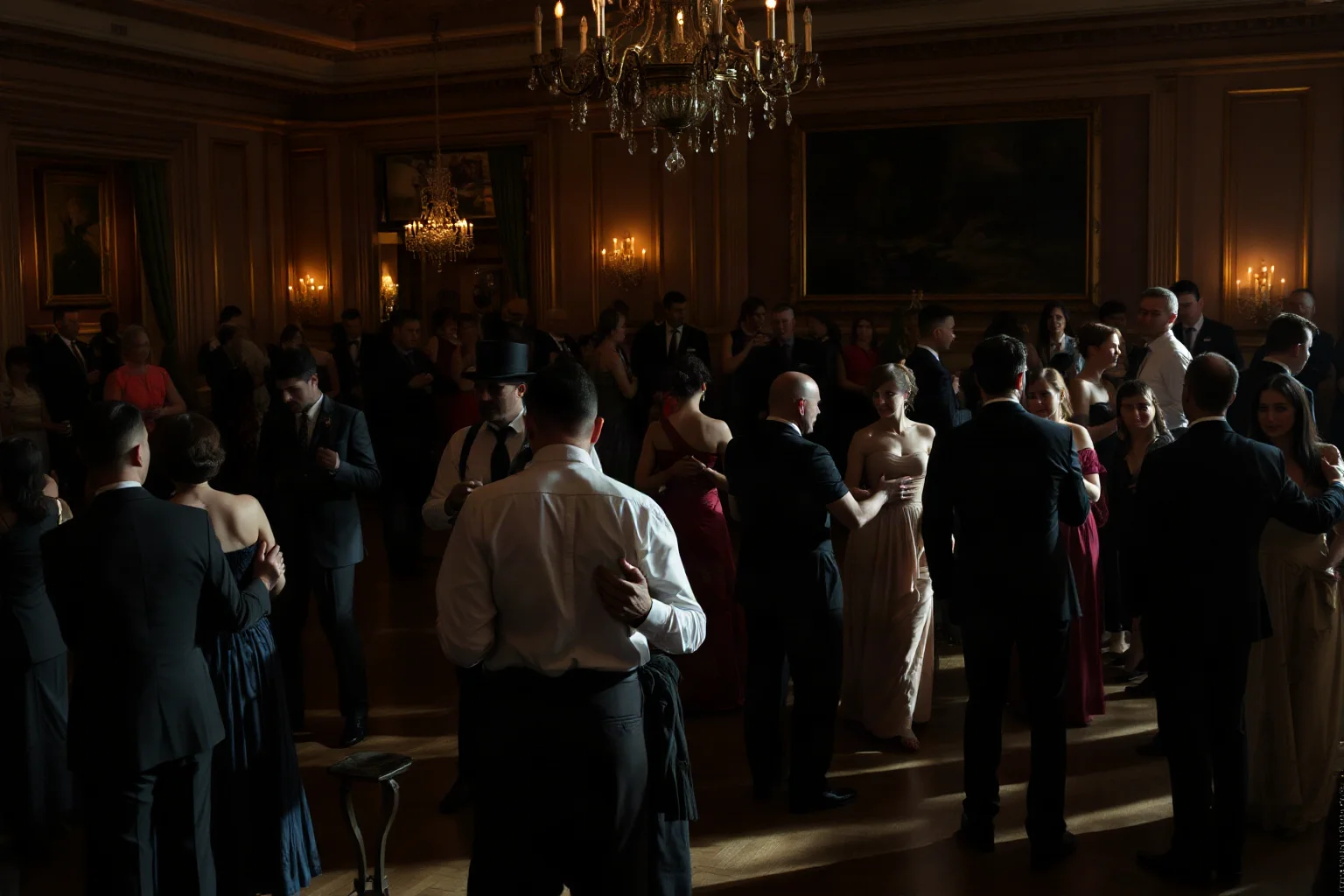 A crowded Victorian ballroom scene with couples dancing at a respectful distance