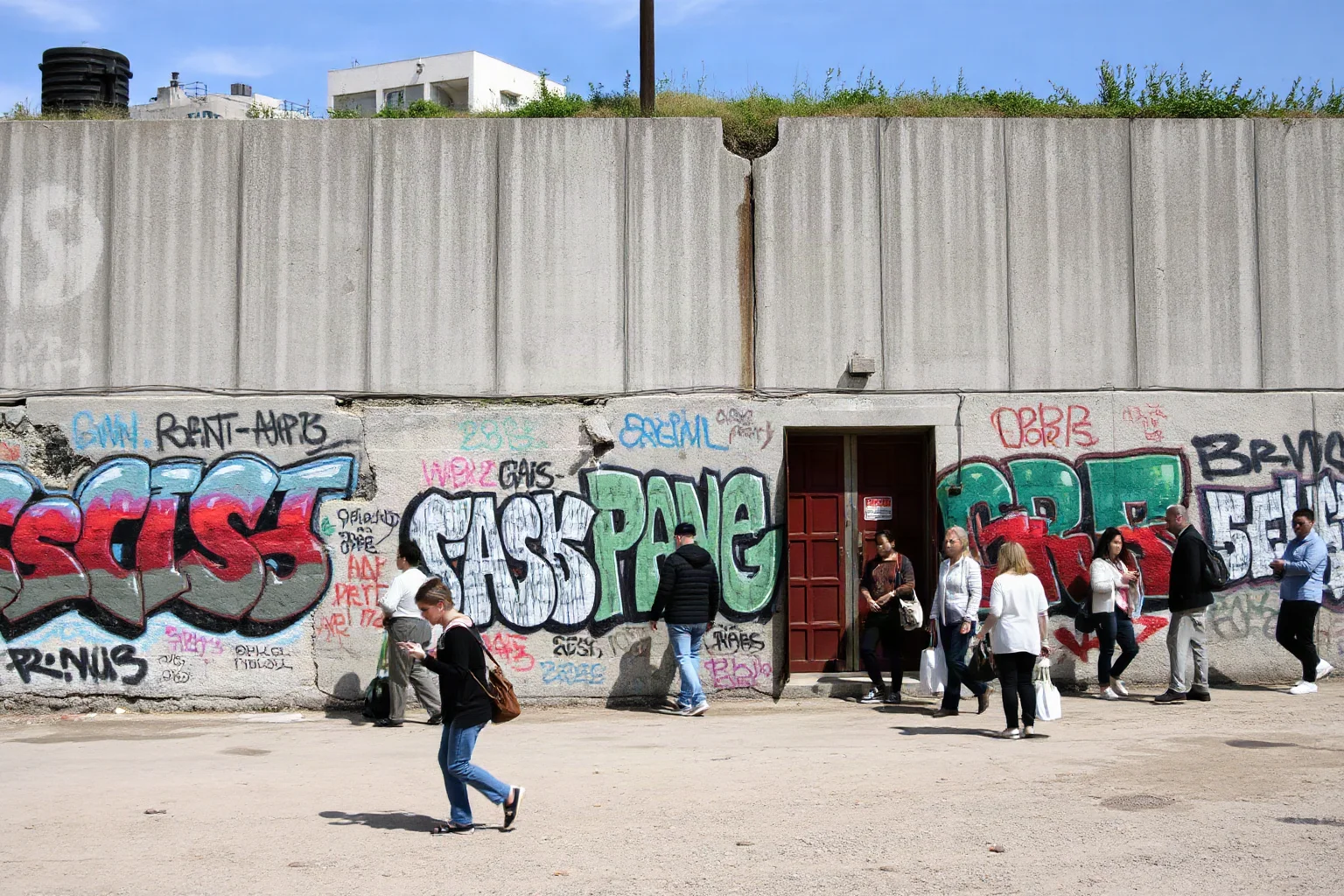 A crumbling concrete wall covered in colorful graffiti with people gathered around it