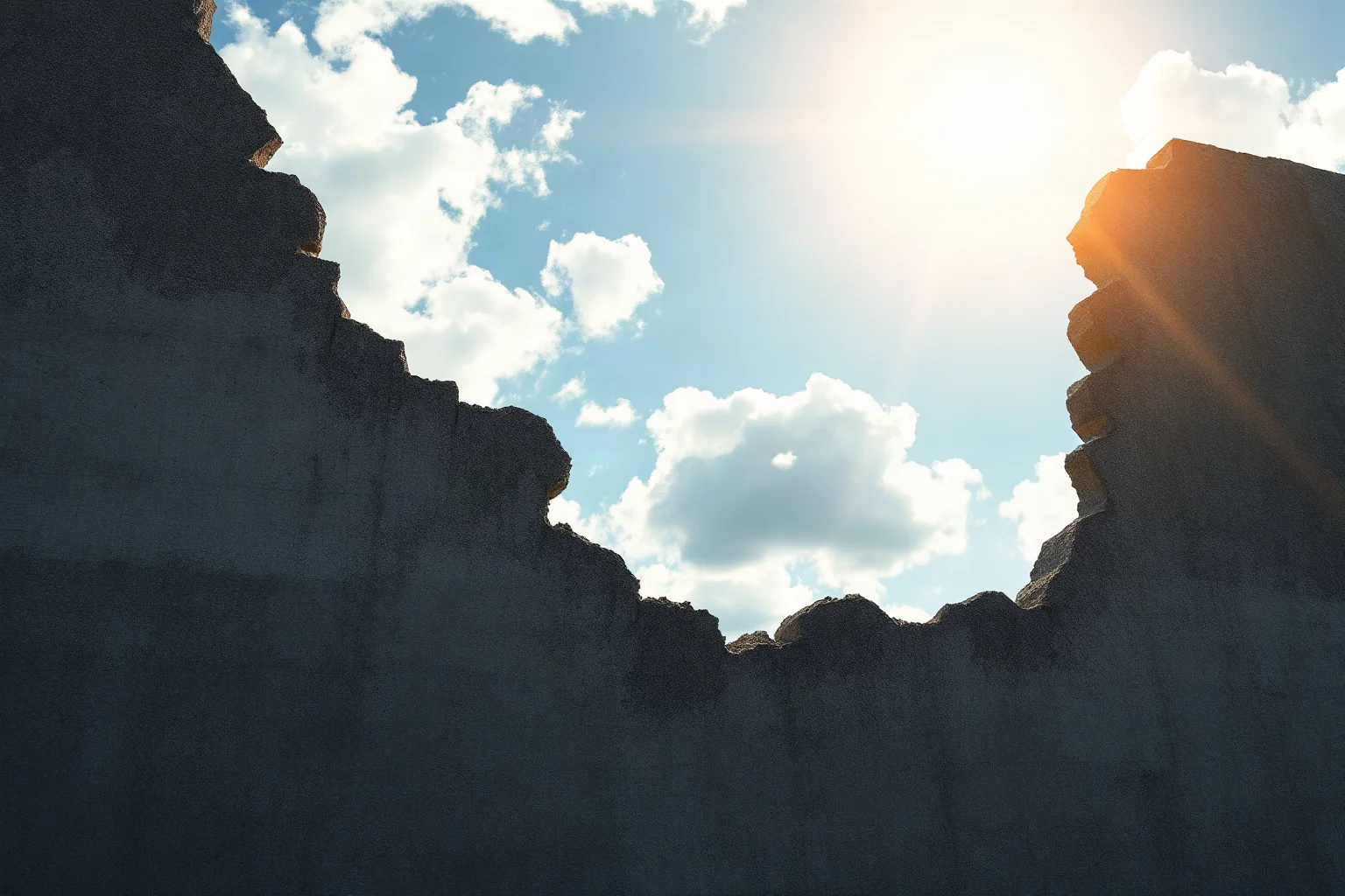 A crumbling grey concrete wall illustration with an open gap and bright sky beyond, symbolic of a historic geopolitical turning point.