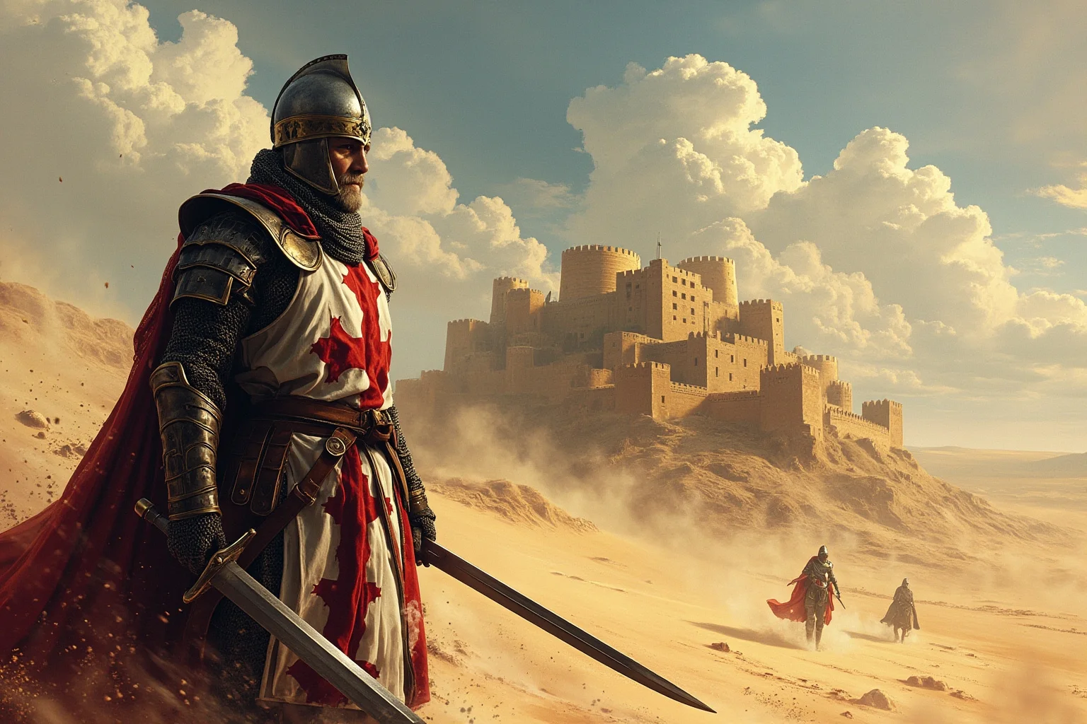 A crusader king in chainmail and a red cross surcoat standing before a desert fortress, illustrative painting style
