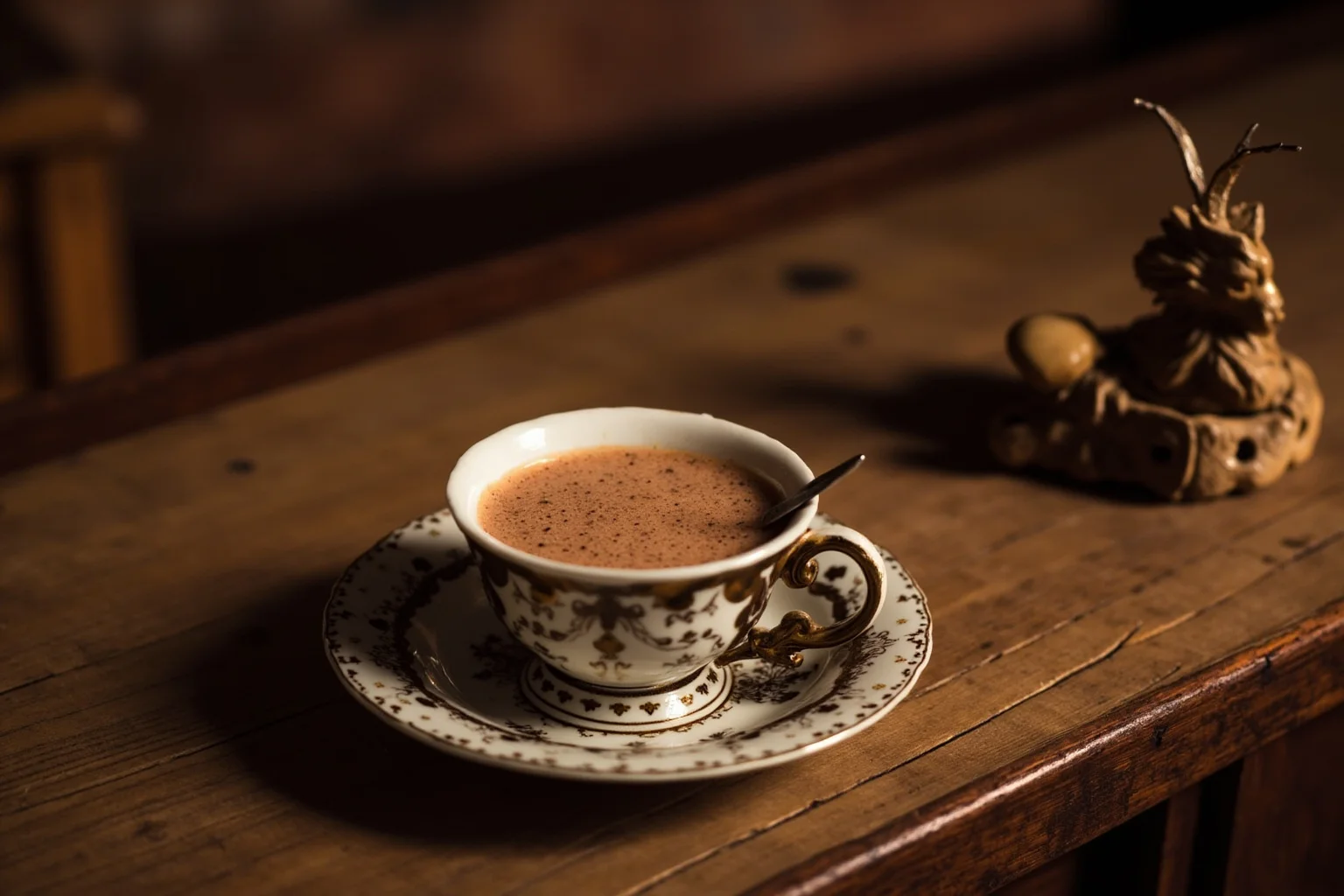 A cup of frothy hot chocolate served in an ornate cup inside a fashionable 17th century chocolate house