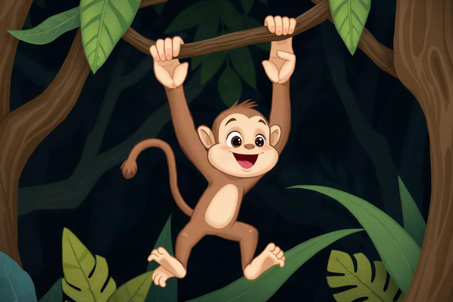 A curious cartoon monkey character swinging through a jungle canopy, tailless body, playful children's book illustration style