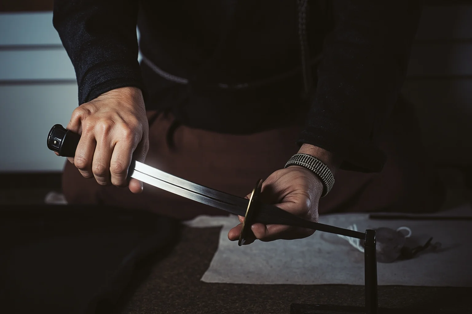 A curved single-edged samurai sword being polished by an artisan in traditional Japanese attire
