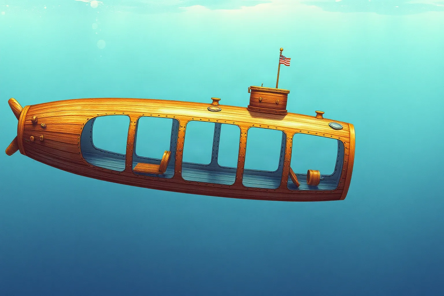 A cutaway illustration of a wooden leather-covered submarine hull resting underwater