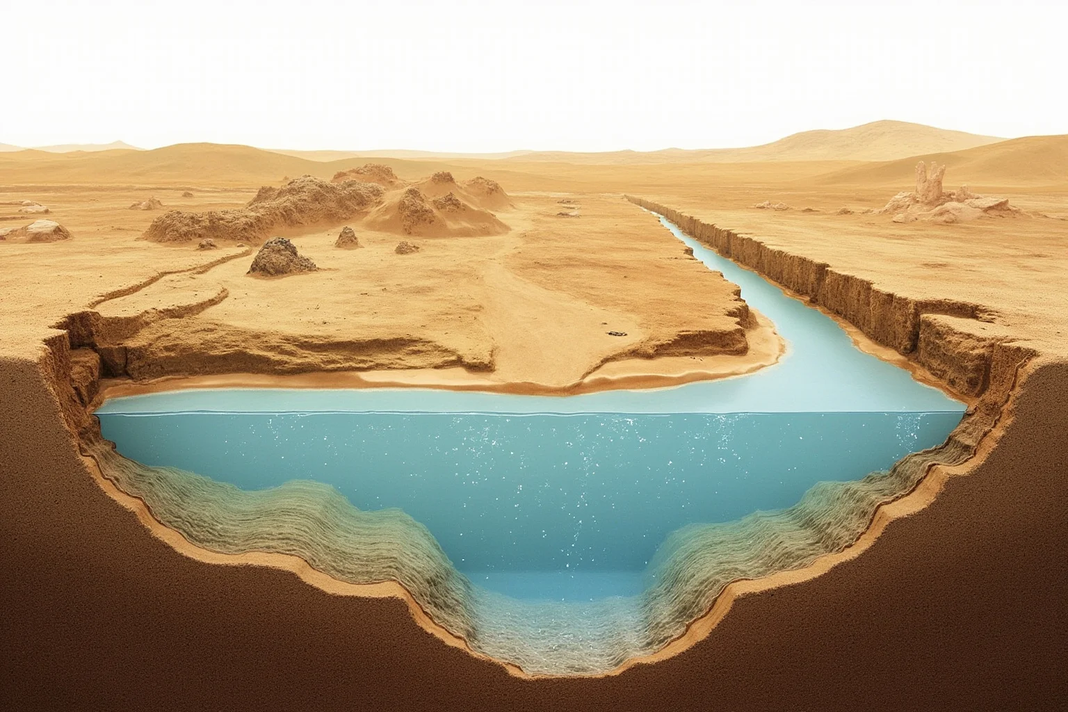 25 Captivating Facts About the Persian Empire 9 A cutaway illustration of an underground qanat water channel running beneath a desert landscape
