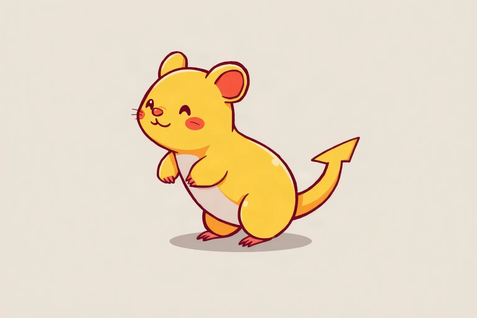 A cute yellow cartoon rodent-like creature with red cheeks and a lightning-bolt tail, solid yellow tail with no markings, simple flat illustration style