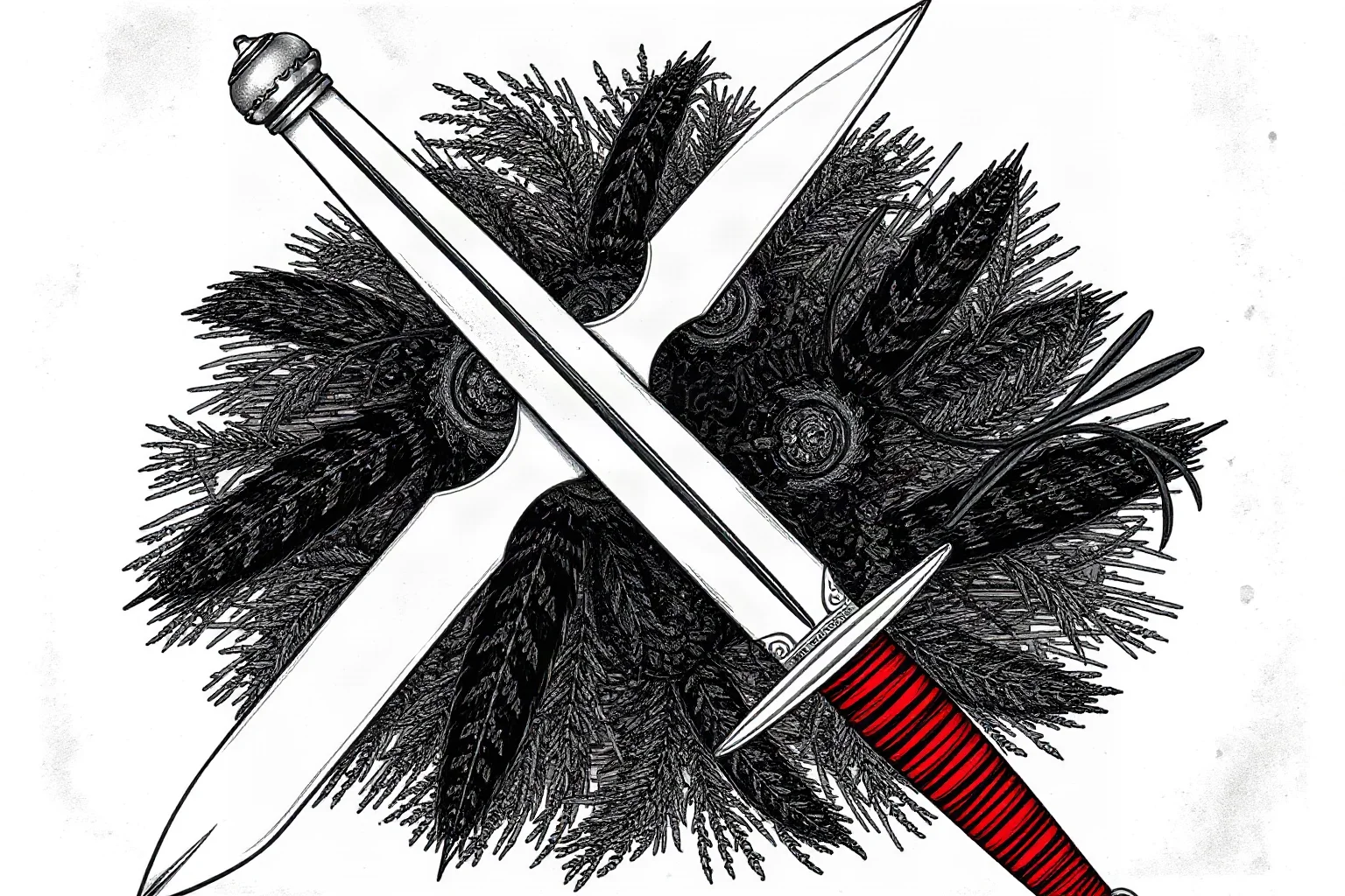 A dagger with a saw-toothed spine (sword breaker) crossed against a slender rapier, historical illustration