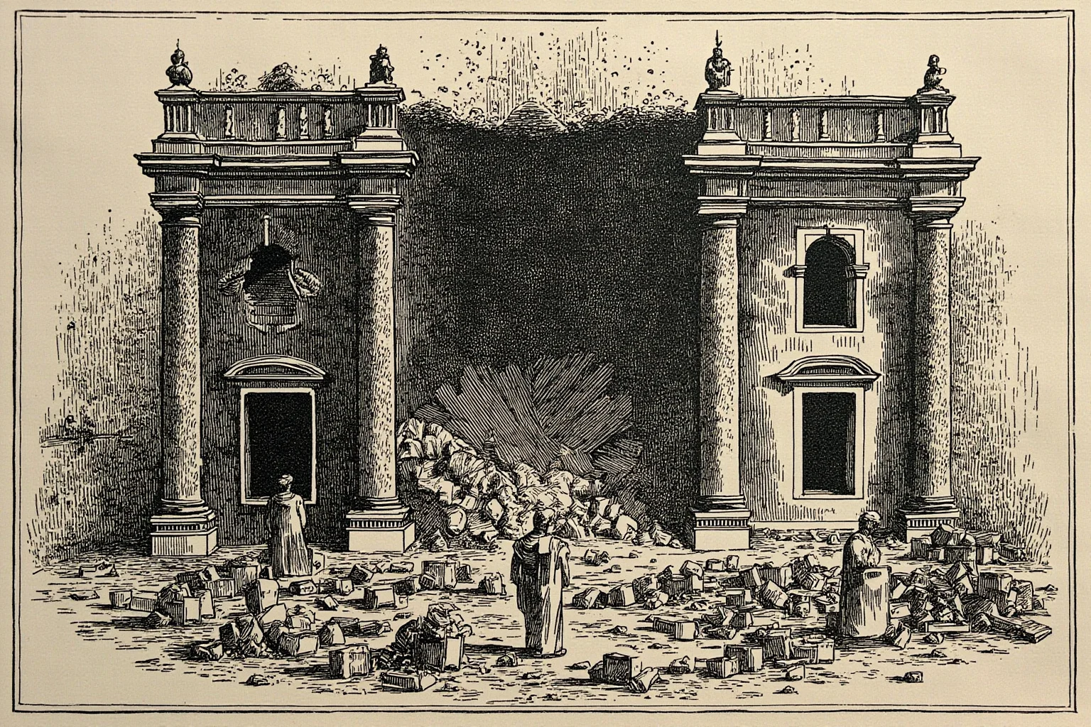 False Flag Operations That Quietly Changed World History 16 A damaged bank facade in a European city square after an explosion, somber historical illustration style