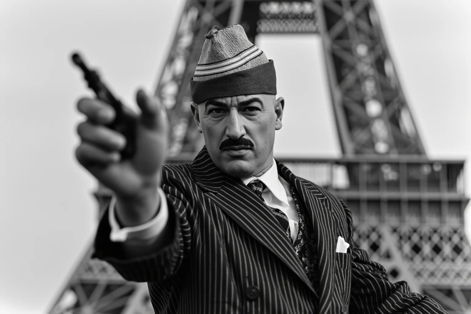 A dapper 1920s con man in a pinstriped suit gesturing grandly in front of the Eiffel Tower