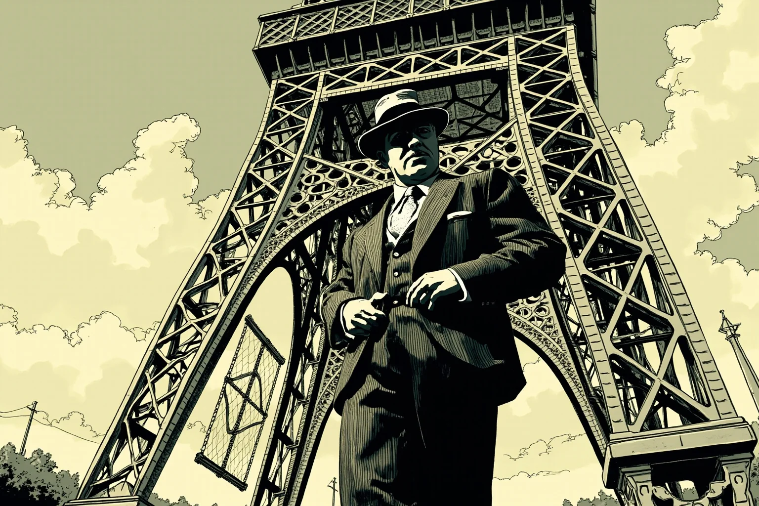 A dapper 1920s con man in a suit and hat standing near the base of a large iron tower, illustrative style