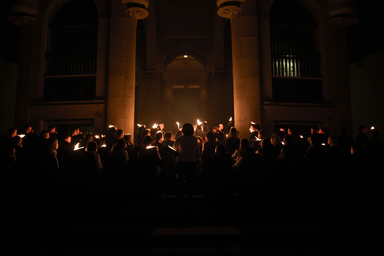 A dark, atmospheric choir performing a solemn requiem in a grand cathedral