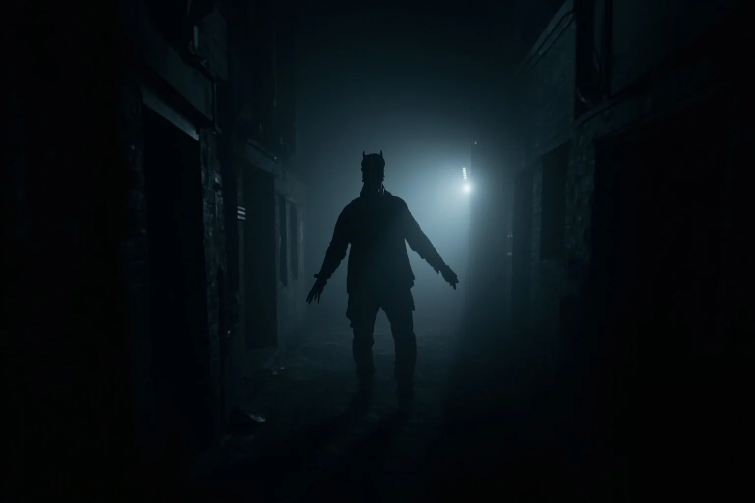 A dark, atmospheric fictional horror-movie-style monster silhouette in a foggy alley, generic and non-cultural