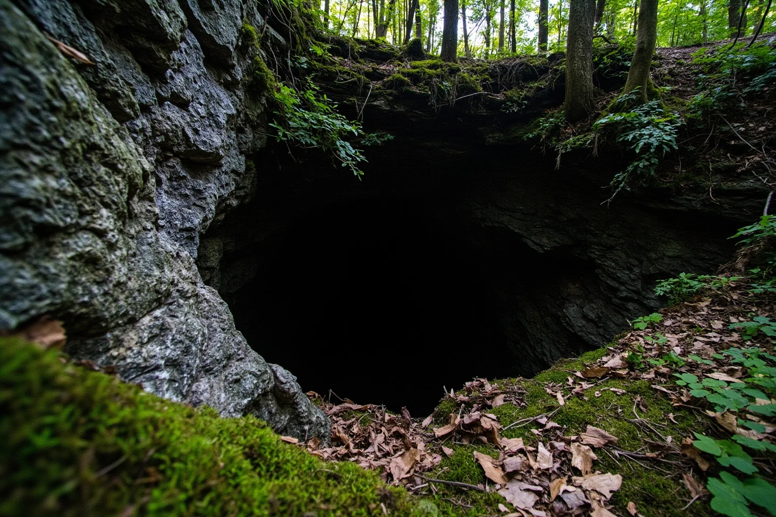 A dark cave mouth in a rocky Romanian hillside surrounded by forest