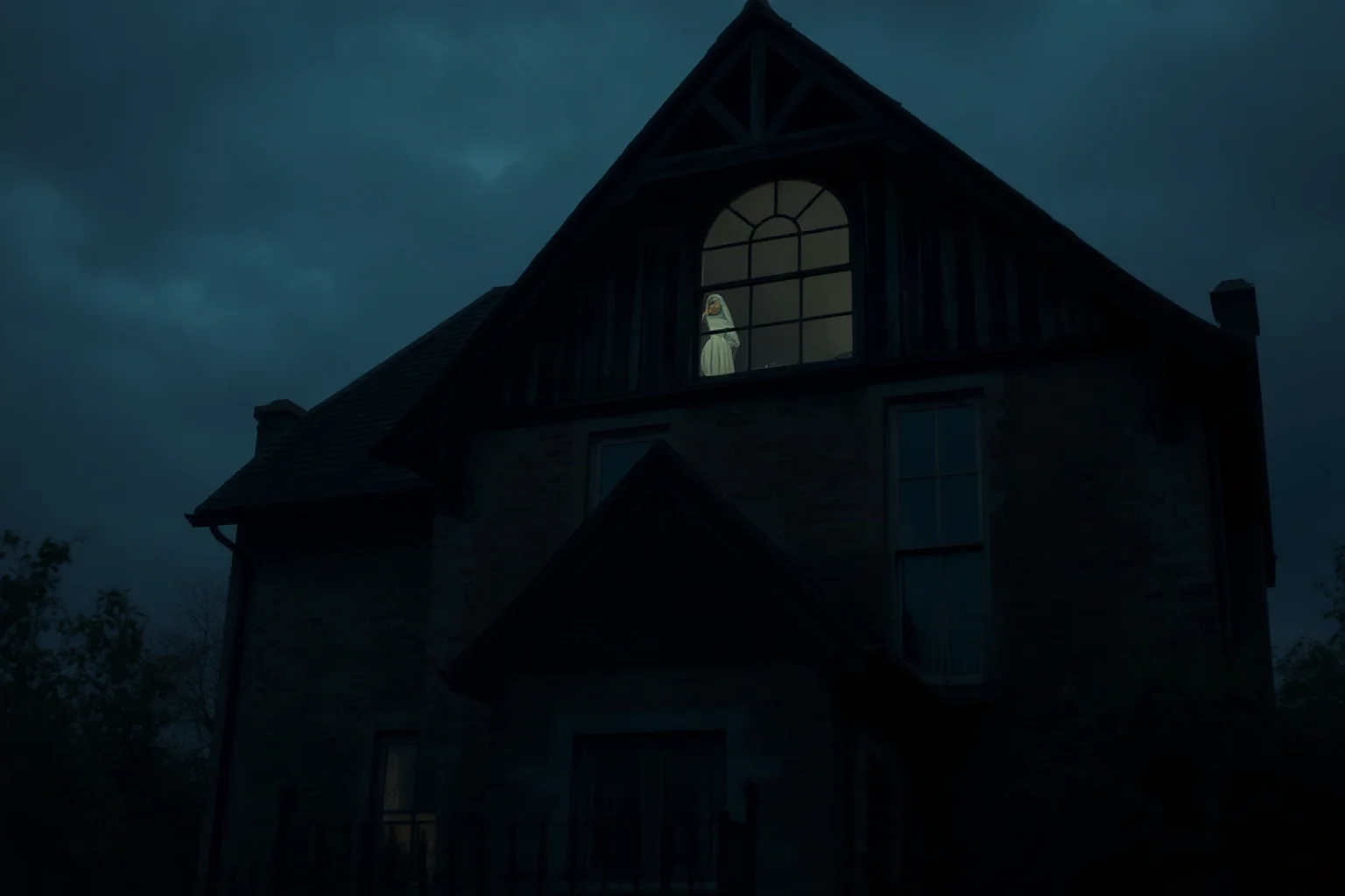 A dark decaying English rectory house at dusk with a faint pale nun-like silhouette glimpsed in an upper window