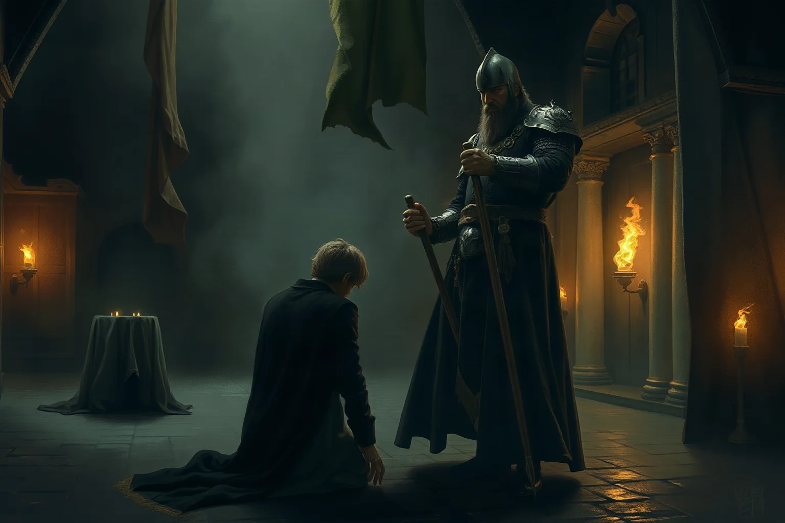A dark, dramatic illustration of a medieval Russian tsar standing over a cowering courtier in a torch-lit hall