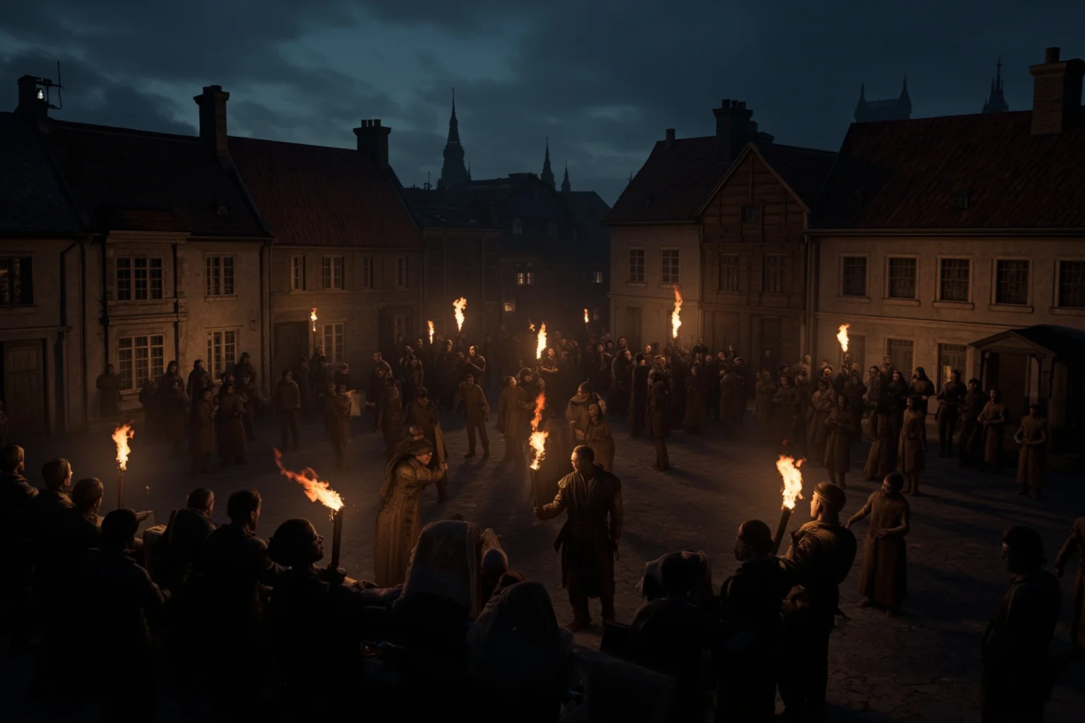 A dark early-modern European village square at dusk with torches and a gathered crowd, evoking tension