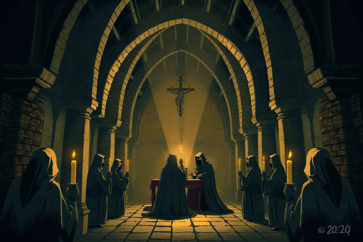 A dark illustrated Spanish cathedral interior from the 1480s with hooded inquisitors and candlelight