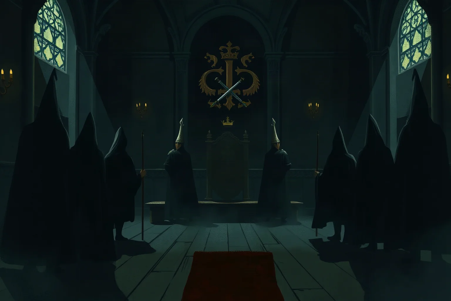 A dark illustration of a 16th-century Russian tsar's throne room with shadowy guards in black cloaks