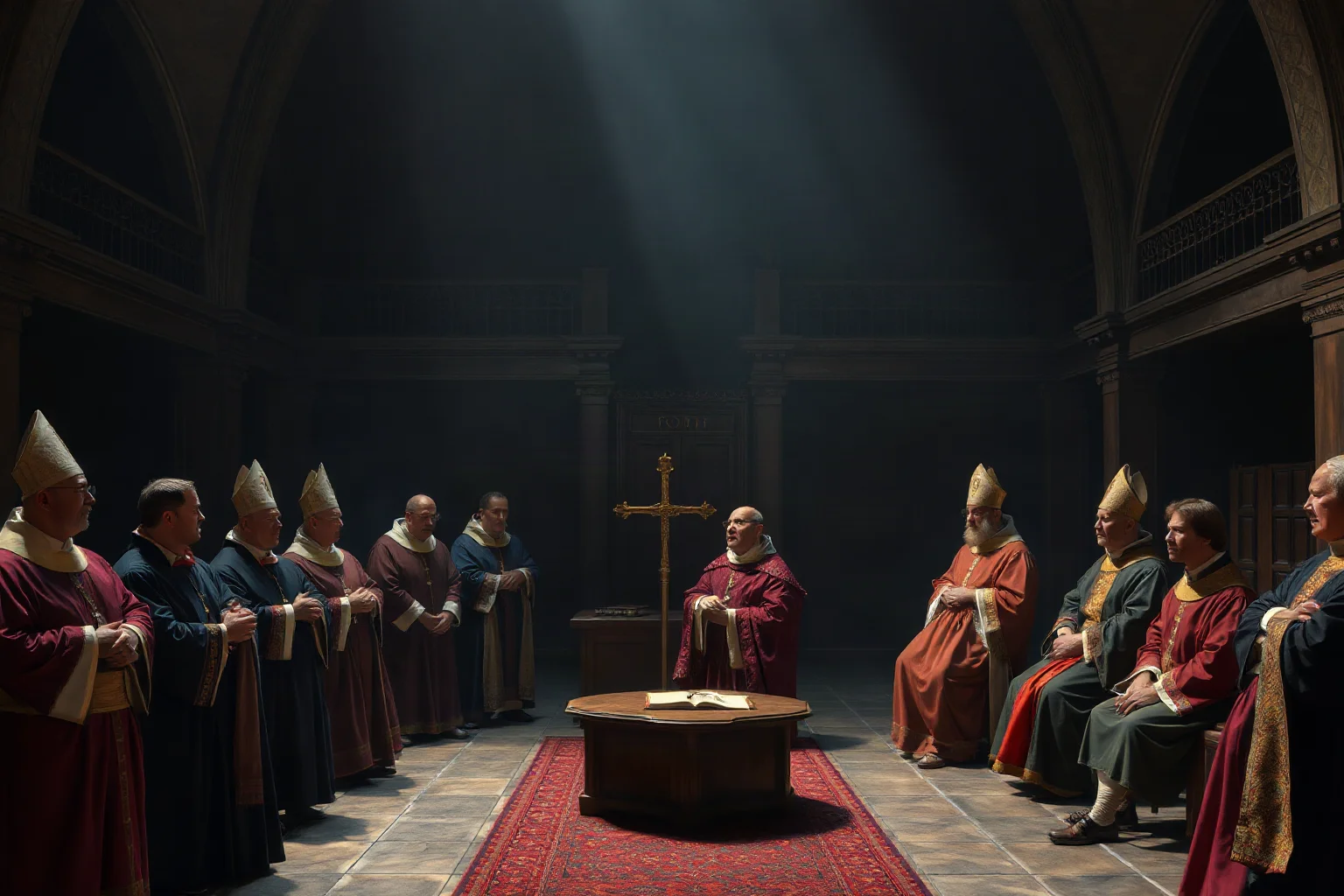 A dark medieval papal court chamber with robed clergy gathered around a solemn ecclesiastical trial scene