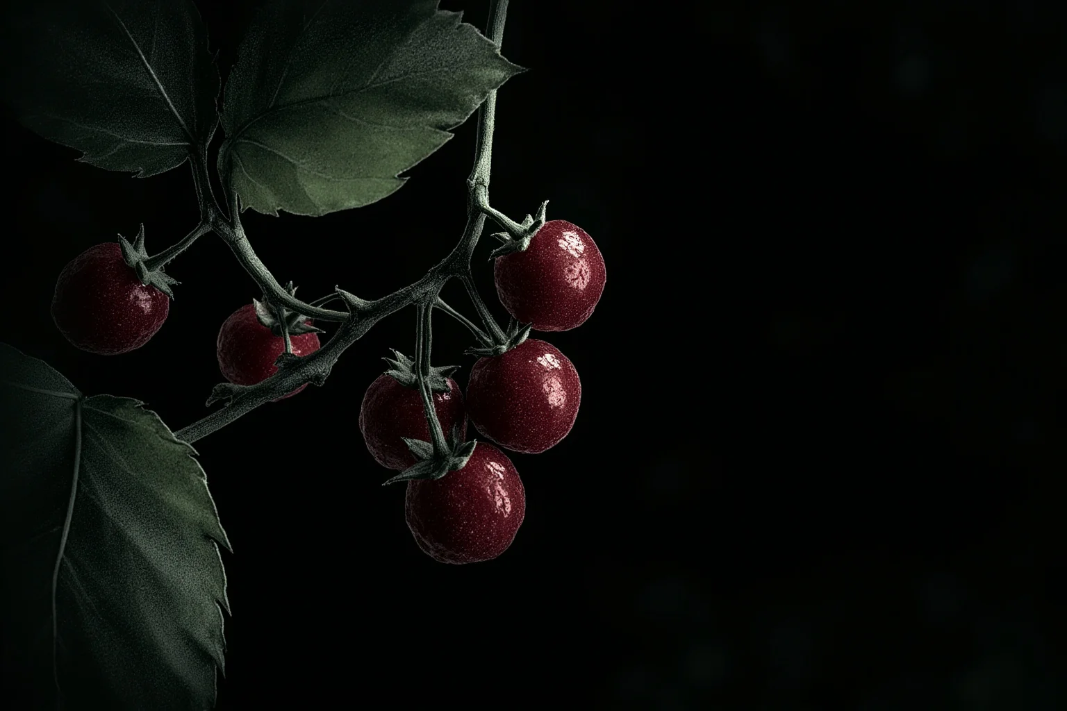 The Strange History Of The Poison Apple 6 A dark, moody botanical illustration of deadly nightshade berries glistening on a dark green vine