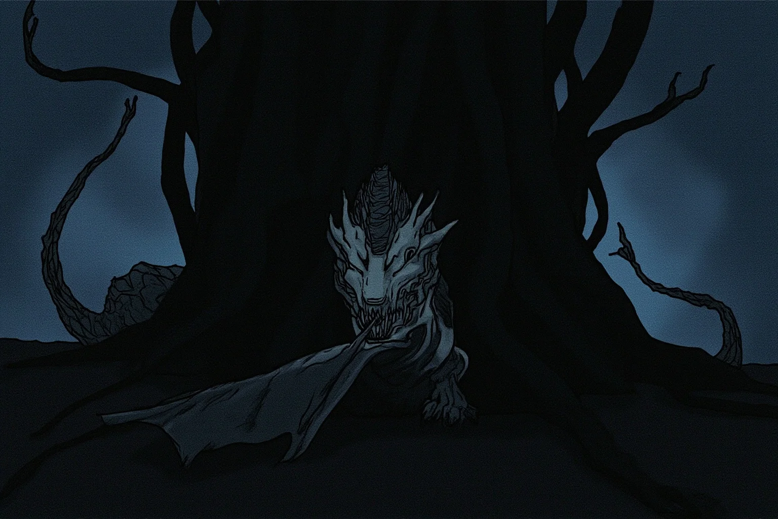 Famous Dragons Throughout History: Myths, Legends, and the Real Stories Behind Them 10 A dark, moody illustration of a dragon gnawing at the roots of a giant mythical tree