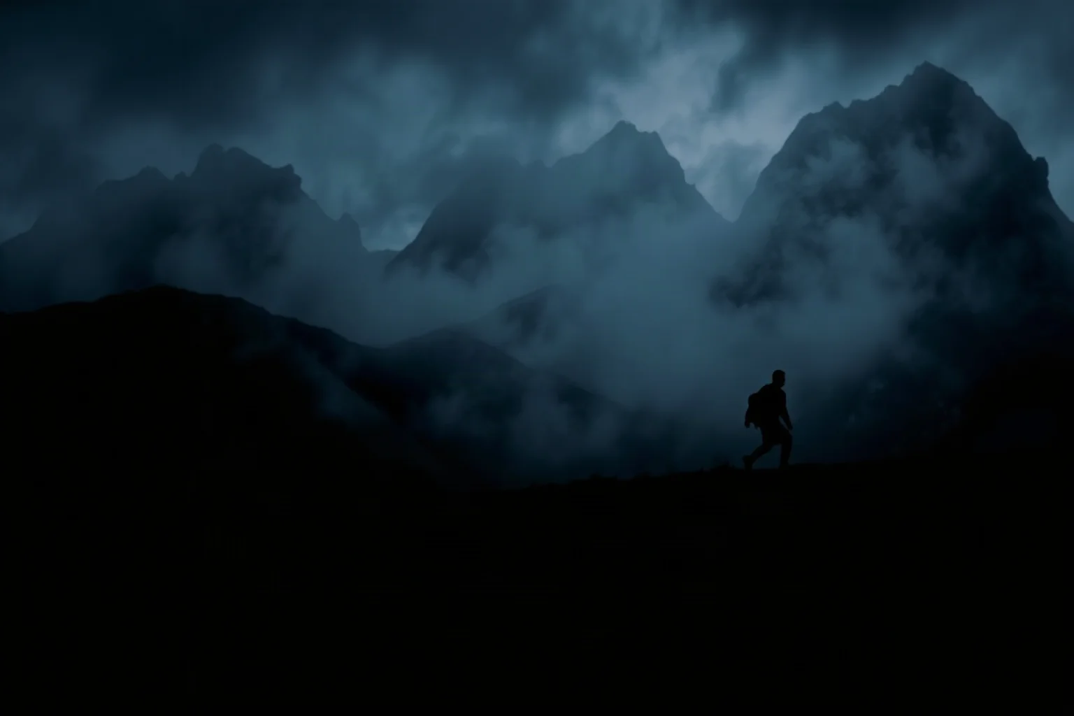 A dark mountain landscape at night with a lone figure fleeing on foot, symbolizing a dramatic prison escape