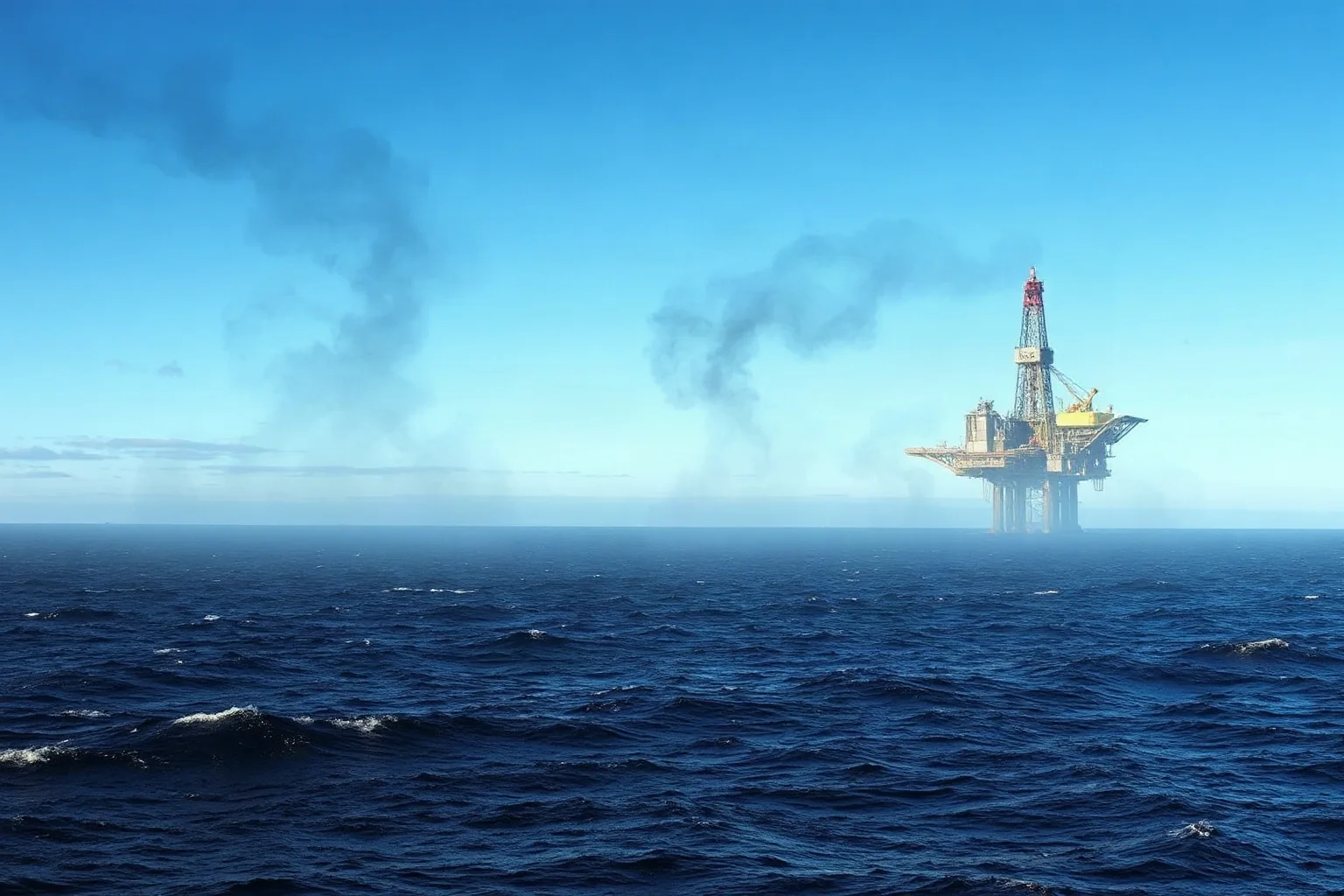 A dark oil-slicked ocean surface near an offshore drilling platform under a smoky sky