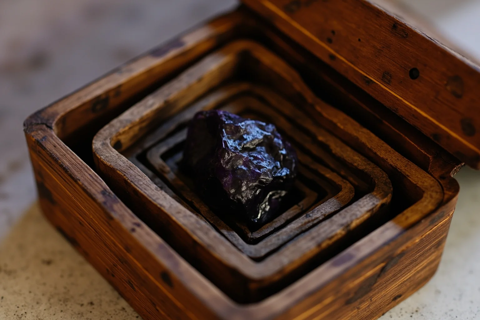 A dark purple gemstone resting inside a series of nested antique wooden boxes