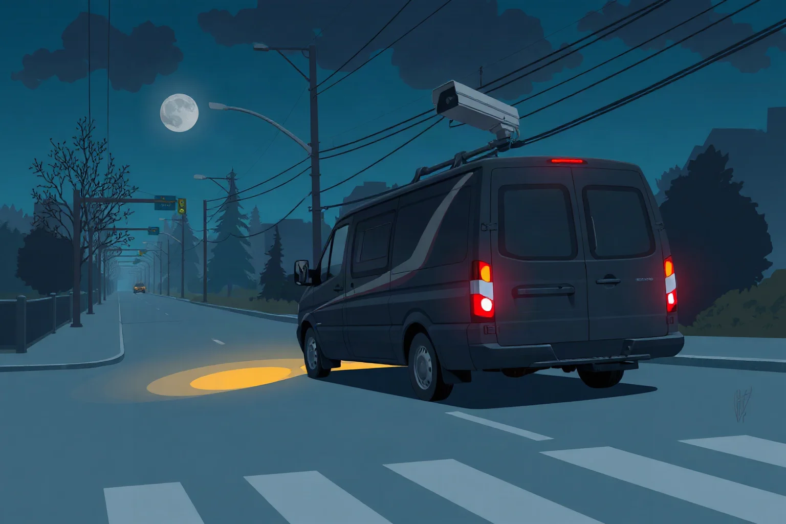 A dark surveillance van parked on a quiet American street at night, illustrative style