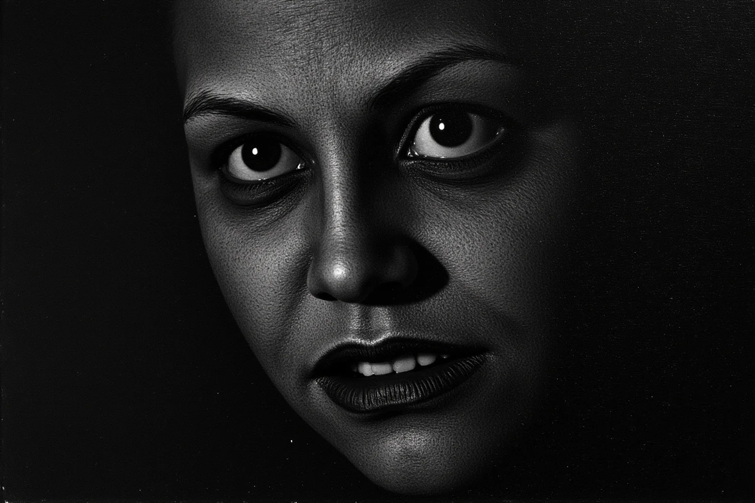 A dark, textured abstract portrait painting with a haunting, anguished expression