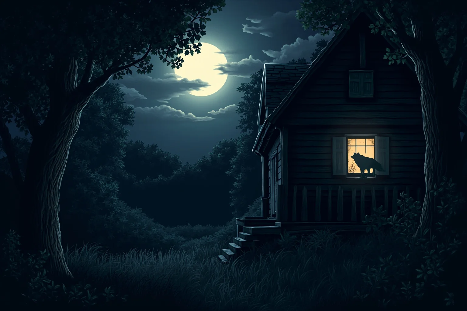 Grim Childhoods Indeed: The 20 Darkest Brothers Grimm Fairy Tales 12 A dark woodland illustration of a wolf's silhouette outside a grandmother's cottage window under a full moon
