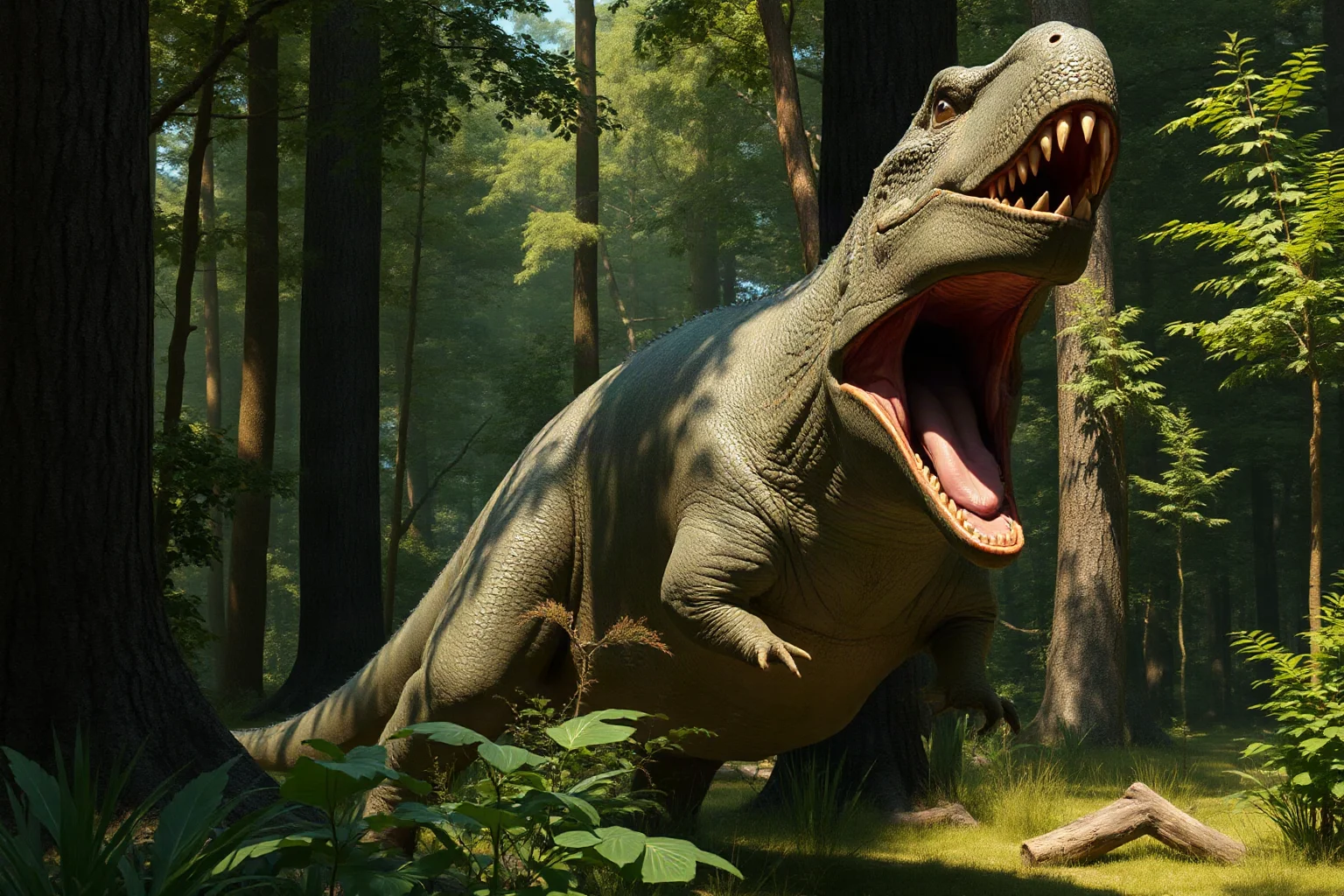 A Daspletosaurus with facial scarring baring its teeth in a forest clearing, realistic paleoart style