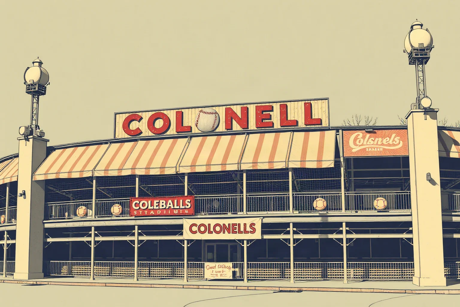 A dead-ball era baseball stadium exterior with a faded 'Colonels' style banner, vintage illustration
