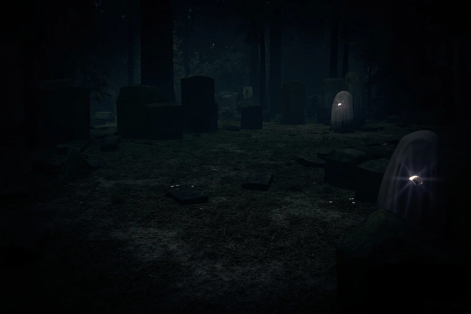 A decayed graveyard scene at night with faint ghostly figures and scattered silver coins