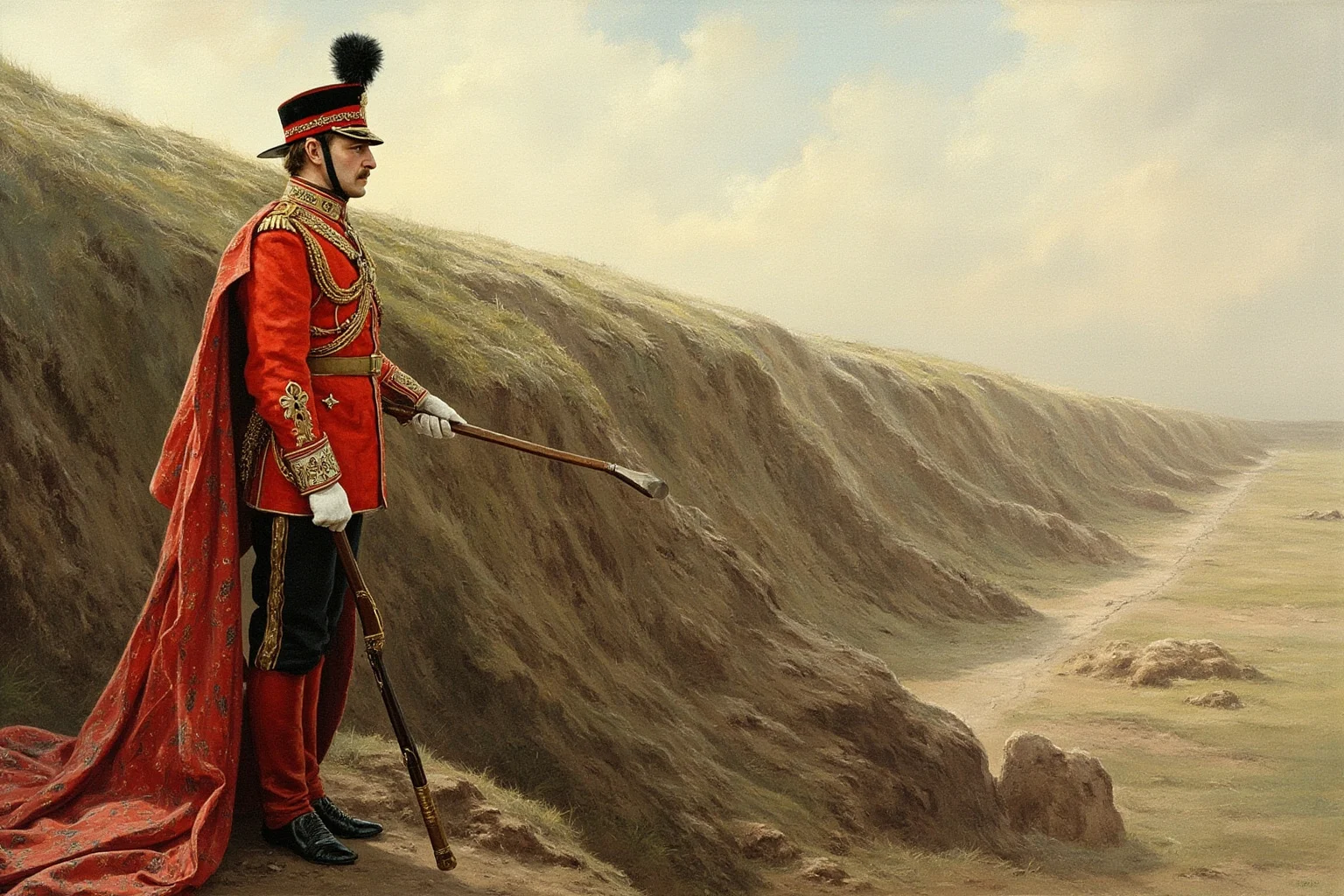 The Mad Baron Who Conquered Mongolia: The Bloody Life of Roman von Ungern-Sternberg 6 A decorated Imperial Russian cavalry officer standing before a WWI trench line, illustrative art style
