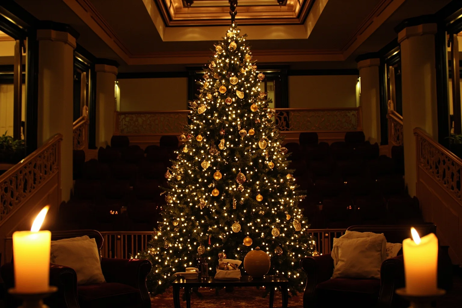 A decorated Victorian Christmas tree in a grand parlor with candles and ornaments
