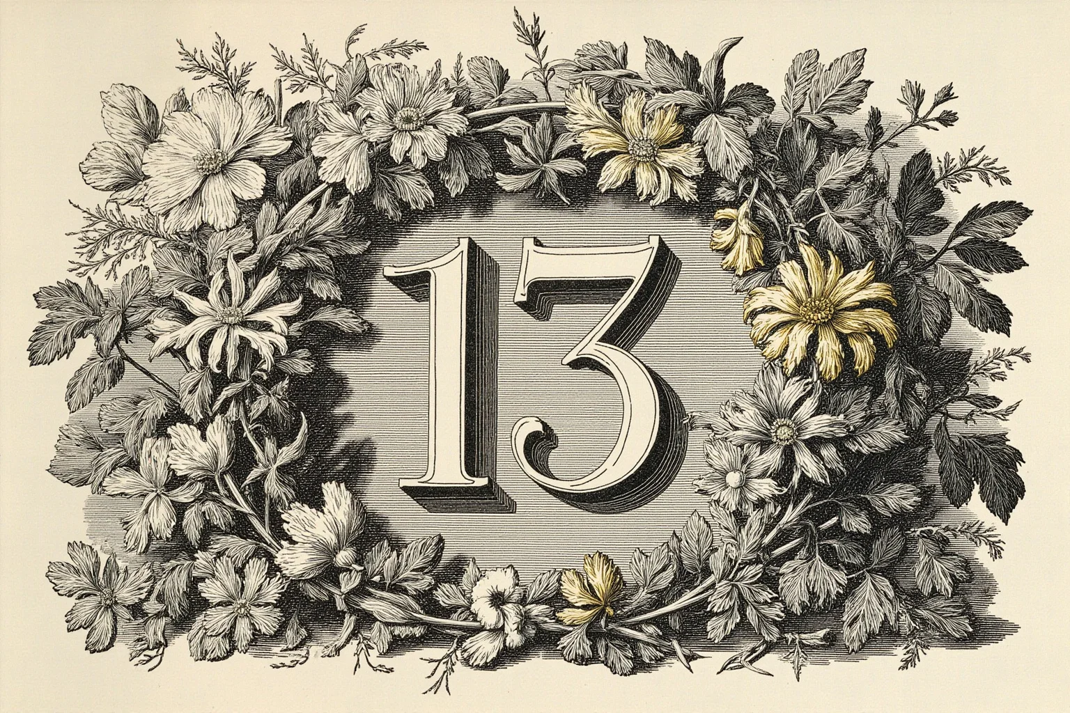 A decorative numeral 13 surrounded by old-fashioned floral engraving